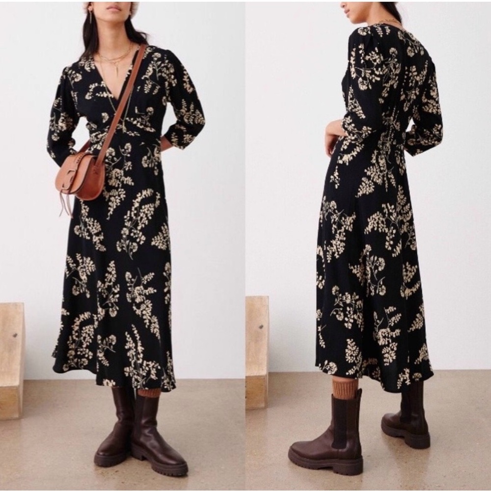 BA&SH Soa Black Floral Print Midi Dress Sz 8